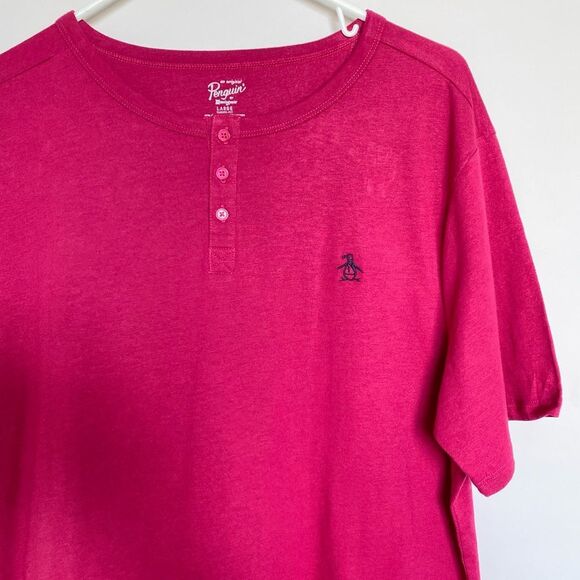 Original Penguin Pink Red 1/4 Button T-shirt Cotton Size Large - Picture 2 of 4